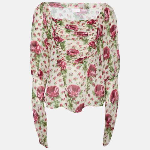 Valentino Beige Floral Printed Silk Chiffon Ruched Long Sleeve Top M - Valentino - Modalova