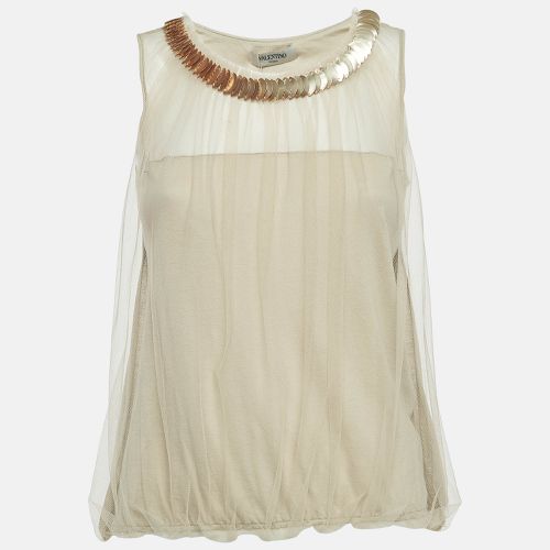 Valentino Beige Embellished Neckline Mesh Overlay Sleeveless Top S - Valentino - Modalova