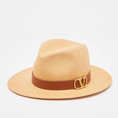 Valentino Garavani Brown Straw and Leather Trim Fedora Hat - Valentino - Modalova