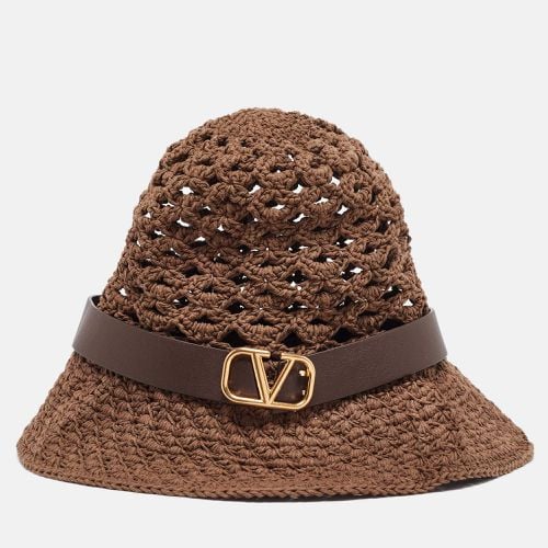 Valentino Brown Vlogo Leather Belted Crochet Fedora Hat M - Valentino - Modalova