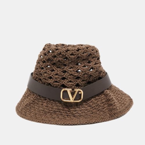 Valentino Brown Vlogo Leather Belted Crochet Fedora Hat M - Valentino - Modalova