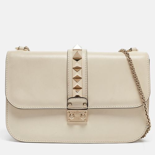 Valentino Off White Leather Medium Rockstud Glam Lock Flap Shoulder Bag - Valentino - Modalova