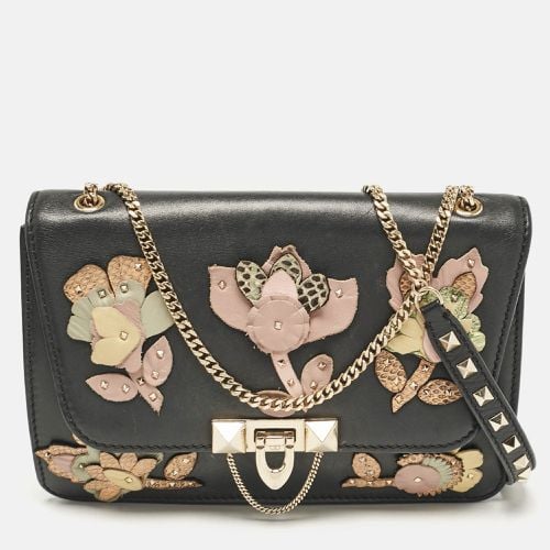 Valentino Black Leather Floral Demilune Shoulder Bag - Valentino - Modalova