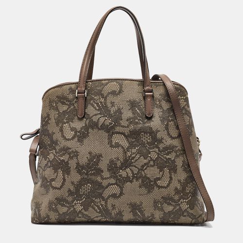 Valentino Beige Lace Print Leather Zip Satchel - Valentino - Modalova