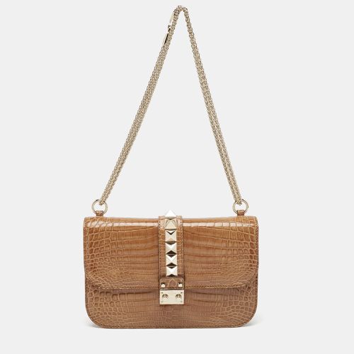 Valentino Brown Crocodile Medium Rockstud Glam Lock Shoulder Bag - Valentino - Modalova