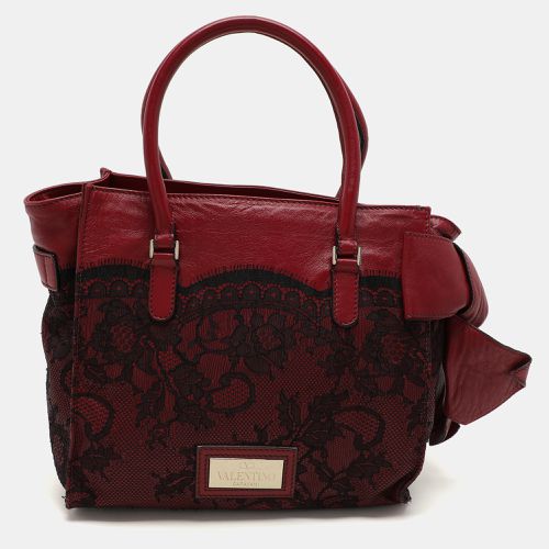 Valentino Dark Red/Black Leather and Lace Bow Tote - Valentino - Modalova