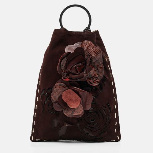 Valentino Dark Burgundy Suede Floral Applique Ring Handle Tote - Valentino - Modalova