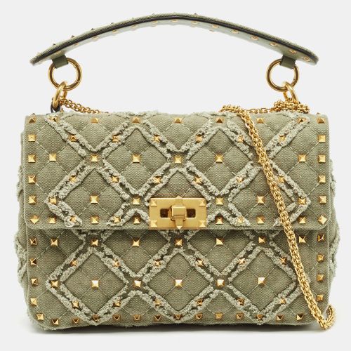 Valentino Olive Green Quilted Denim Medium Rockstud Spike Top Handle Bag - Valentino - Modalova