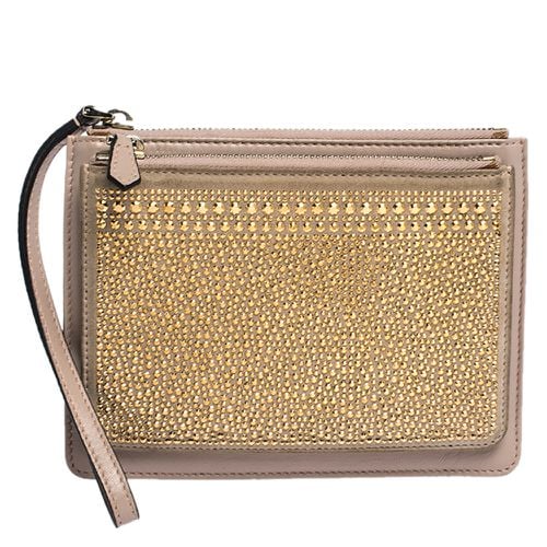 Valentino Nude Beige/Gold Leather and Suede Studded Wristlet Pouch - Valentino - Modalova