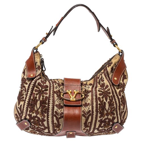 Valentino Beige/Brown Canvas And Leather Embroidered Hobo - Valentino - Modalova