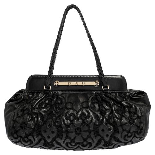 Valentino Black Leather Floral Embroidered Frame Satchel - Valentino - Modalova