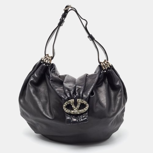 Valentino Black Leather VLogo Crystals Embellished Hobo - Valentino - Modalova