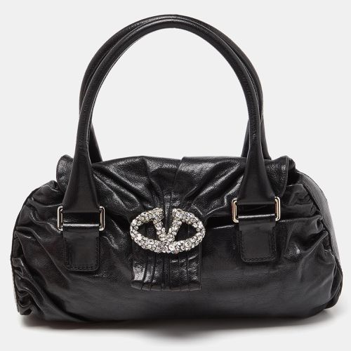 Valentino Black Leather Crystal Embellished Logo Flap Satchel - Valentino - Modalova