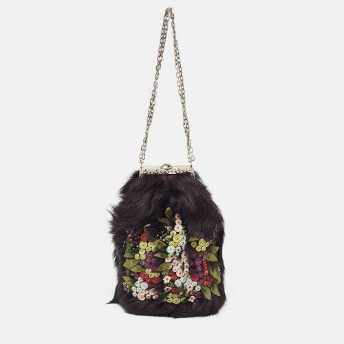 Valentino Black Fur Floral Applique Frame Chain Clutch - Valentino - Modalova