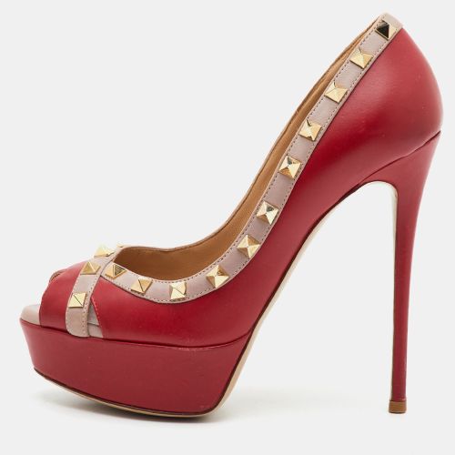 Rockstud Size 36.5 /Beige Leather Peep Toe Platform Pumps - Valentino - Modalova