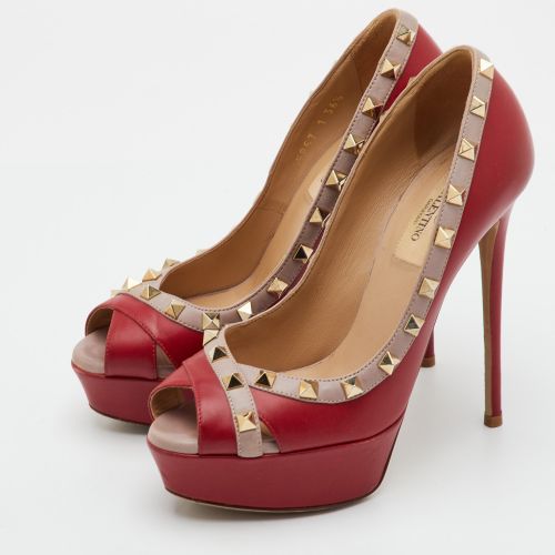 Rockstud Size 36.5 /Beige Leather Peep Toe Platform Pumps - Valentino - Modalova