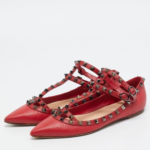 Accent Rockstud Size 37.5 Leather Ankle Strap Flats - Valentino - Modalova