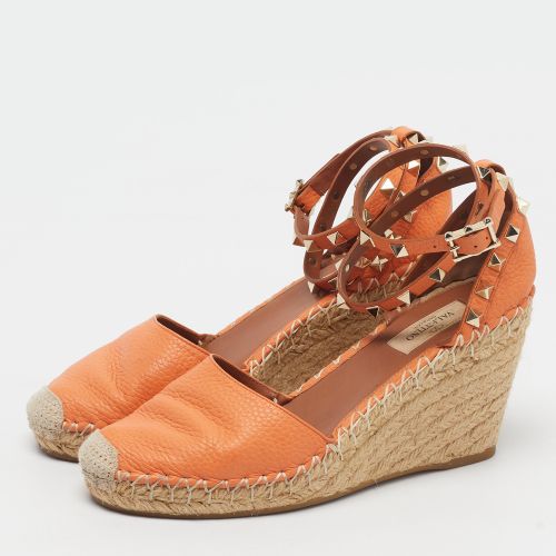 Zeppa Rockstud Size 37 Leather Espadrille Wedge Ankle Strap Pumps - Valentino - Modalova