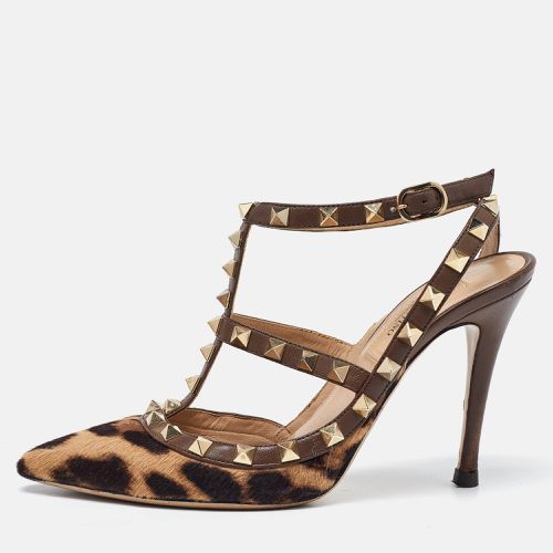 Valentino Brown Leopard Print Calfhair and Leather Rockstud Caged Sandals Size 36.5 - Valentino - Modalova