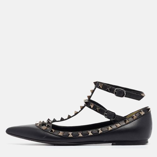 Valentino Black Leather Rockstud Ankle Strap Flats Size 37 - Valentino - Modalova