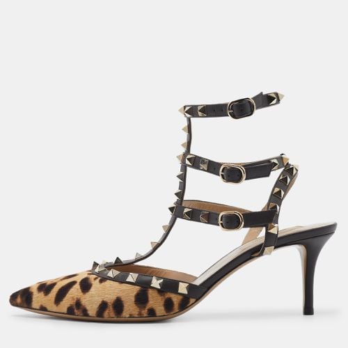 Valentino Brown/Beige Leopard Print Pony Hair And Leather Rockstud Strappy Pumps Size 40 - Valentino - Modalova