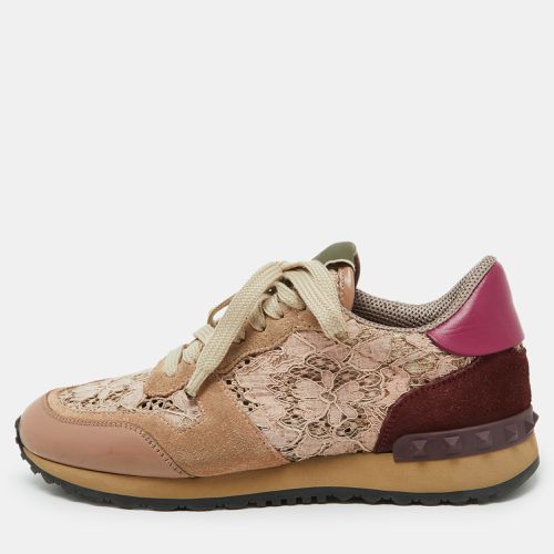 Valentino Beige/Pink Floral Lace and Leather Rockrunner Low Top Sneakers Size 35 - Valentino - Modalova