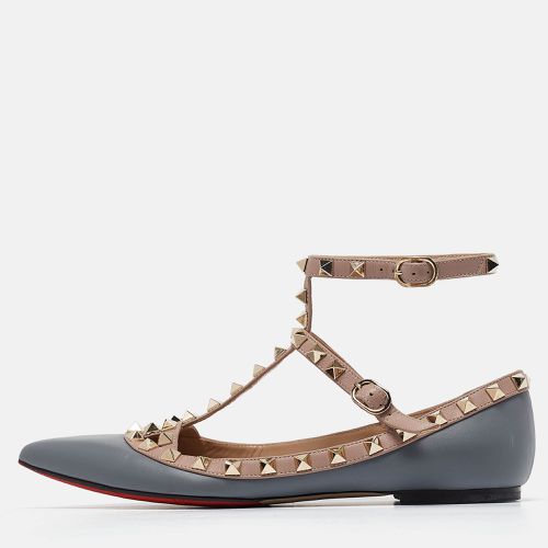 Valentino Grey/Dusty Pink Leather Rockstud Ankle Strap Flats Size 37 - Valentino - Modalova