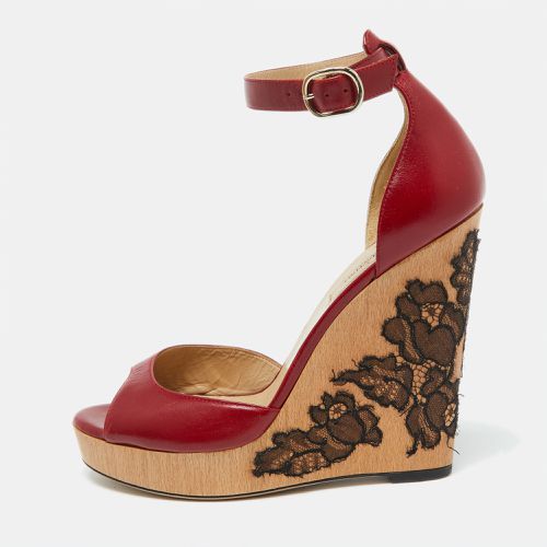 Valentino Red Leather Lace Wedge Peep Toe Ankle Strap Sandals Size 37.5 - Valentino - Modalova