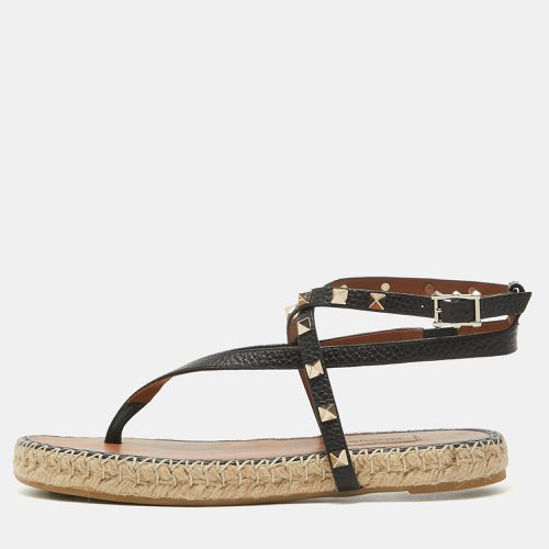 Valentino Black Leather Rockstud Ankle Strap Espadrille Thong Flats Size 37 - Valentino - Modalova