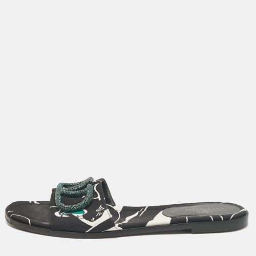 Valentino Black Printed Canvas Crystal Embellished V Logo Flat Slides Size 38 - Valentino - Modalova