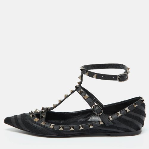 Valentino Black Calf Hair and Leather Rockstud Ankle Strap Ballet Flats Size 38 - Valentino - Modalova