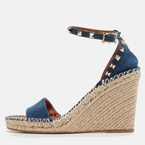 Valentino Navy Blue Denim Rockstud Wedge Sandals Size 39 - Valentino - Modalova