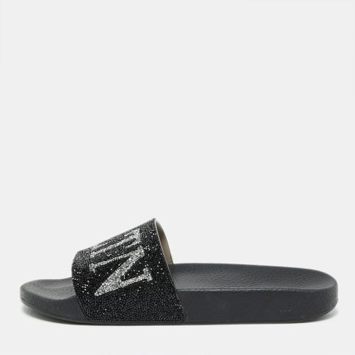 Valentino Black Leather VLTN Crystal Embellished Flat Slides Size 39 - Valentino - Modalova