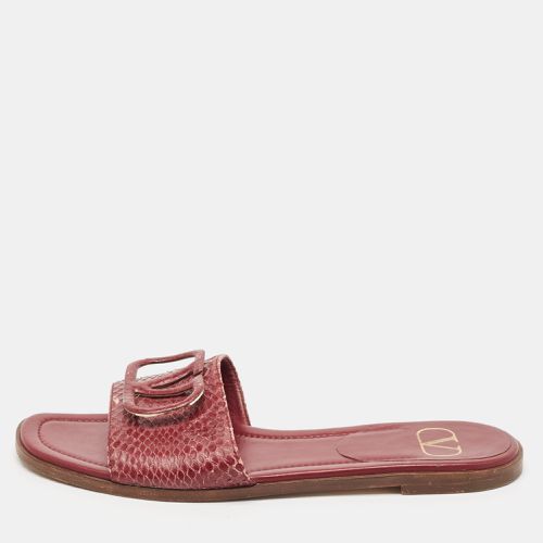 Valentino Burgundy Python Leather Escape V logo Flat Slides Size 38 - Valentino - Modalova