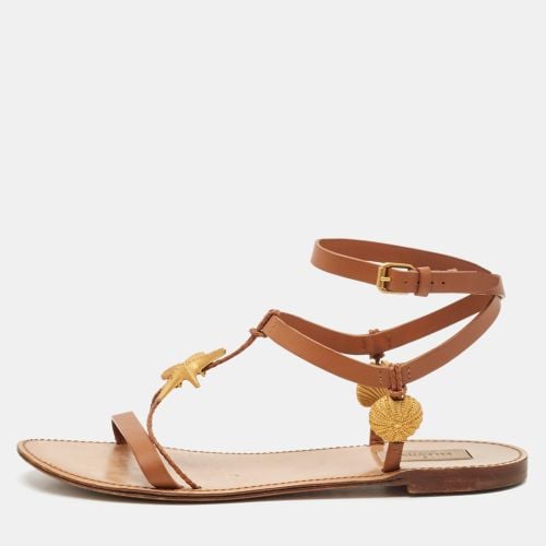 Valentino Brown Leather Star and Tree Embellished Flat Sandals Size 39 - Valentino - Modalova