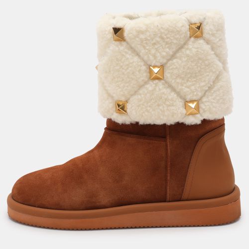 Valentino Brown/Cream Suede and Wool Roman Stud Winter Boots Size 38 - Valentino - Modalova