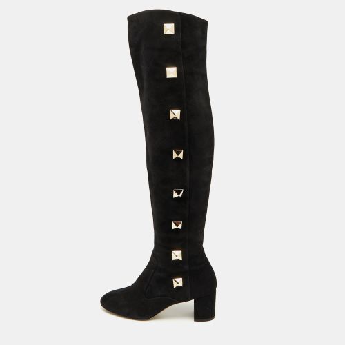 Valentino Black Suede Rockstud Block Heel Knee Length Boots Size 40 - Valentino - Modalova