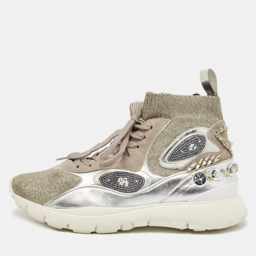 Valentino Silver Knit Fabric and Leather Crystal Embellished High Top Sneakers Size 37.5 - Valentino - Modalova