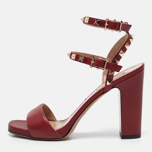 Valentino Burgundy Leather Rockstud Ankle Strap Sandals Size 38 - Valentino - Modalova