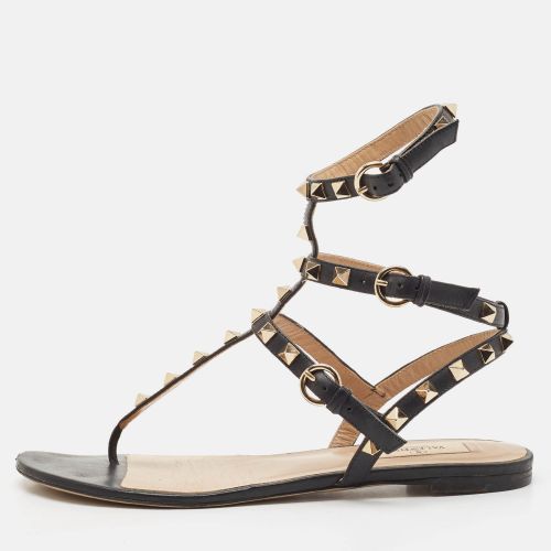 Valentino Black Leather Rockstud Ankle Strap Flat Sandals Size 38 - Valentino - Modalova