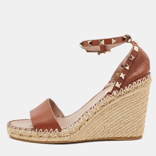 Valentino Brown Leather Rockstud Ankle Strap Espadrille Wedge Sandals Size 39 - Valentino - Modalova