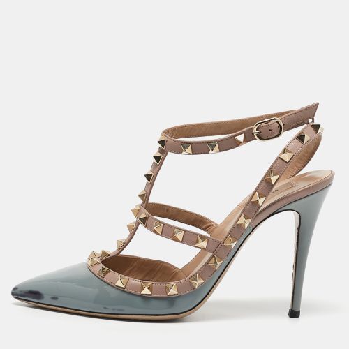 Valentino Pale Blue/Beige Patent Leather Rockstud Ankle Strap Pumps Size 38 - Valentino - Modalova