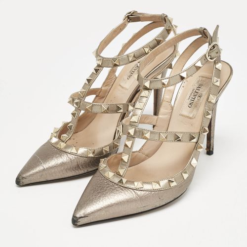 Metallic Leather Rockstud Caged Ankle Strap Pumps Size 37 - Valentino - Modalova