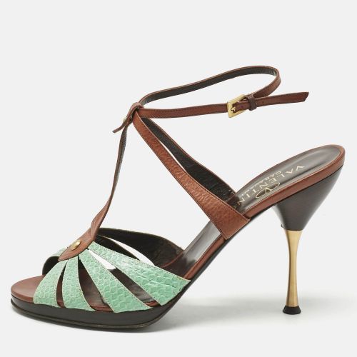 Valentino Brown/Mint Green Leather and Python T Strap Sandals Size 41 - Valentino - Modalova
