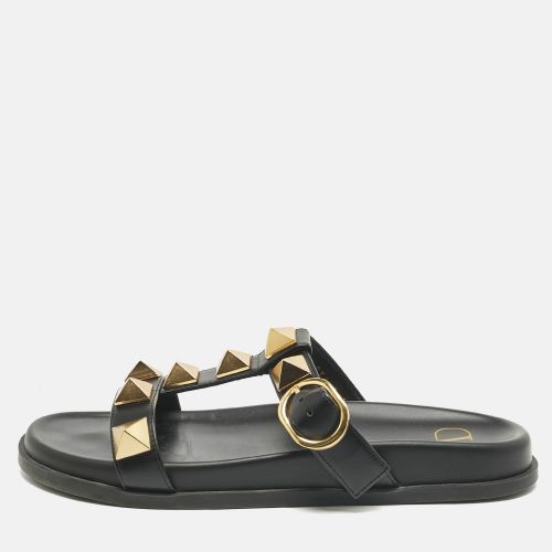 Valentino Black Leather Roman Stud Flat Slide Sandals Size 39 - Valentino - Modalova