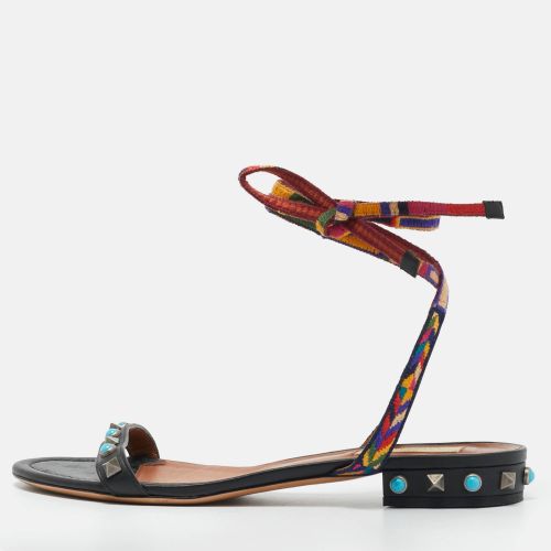 Valentino Black Leather Rolling Rockstud Ankle Wrap Flat Sandals Size 38.5 - Valentino - Modalova