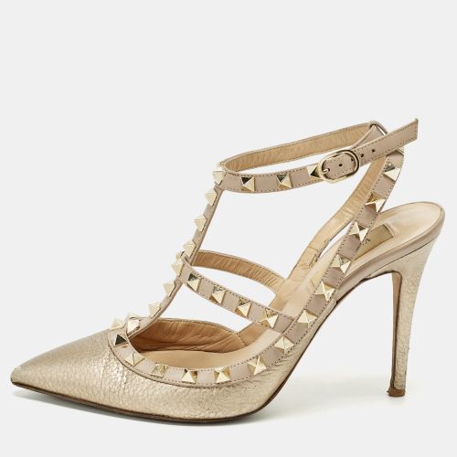 Rockstud Caged Size 38 /Beige Leather Ankle Strap Pumps - Valentino - Modalova