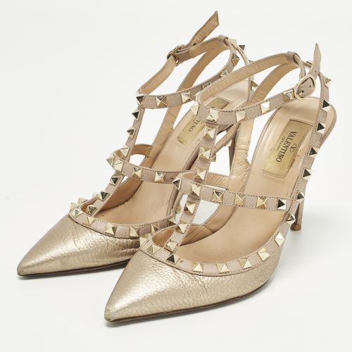 Rockstud Caged Size 38 /Beige Leather Ankle Strap Pumps - Valentino - Modalova