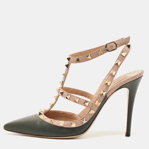 Rockstud Size 39 /Dark Green Leather Pointed Toe Ankle Strap Pumps - Valentino - Modalova