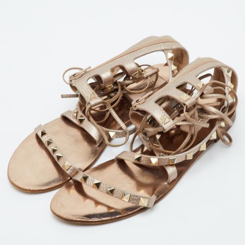 Rockstud Size 37.5 Metallic Leather Gladiator Flat Sandals - Valentino - Modalova